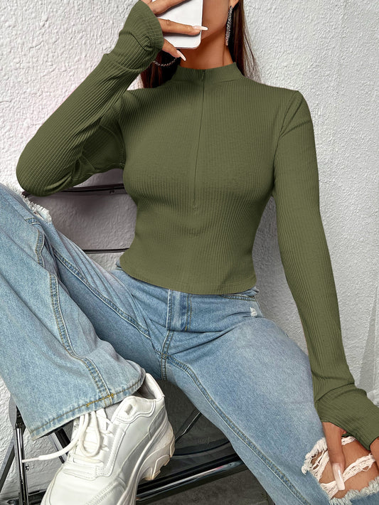 SHEIN EZwear Camiseta corta con cremallera delantera agujero para el pulgar