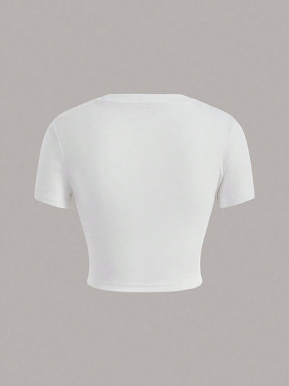 SHEIN EZwear Camiseta corta con gráfico de eslogan NEVER MIND