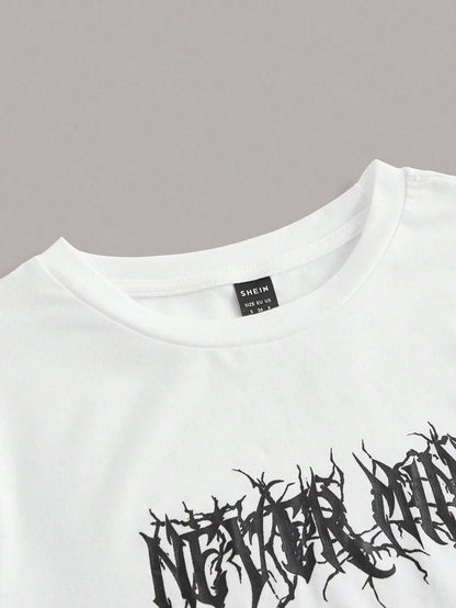 SHEIN EZwear Camiseta corta con gráfico de eslogan NEVER MIND