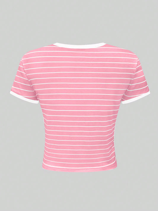 SHEIN EZwear Camiseta corta estampada con cuello redondo para bebé, camisetas gráficas Tops para mujeres