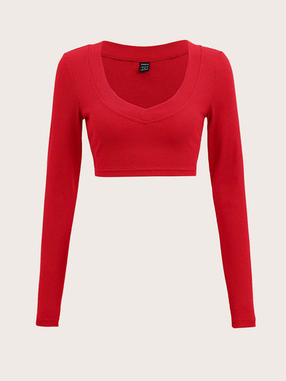 SHEIN EZwear Camiseta corta unicolor de cuello V tejido de canalé