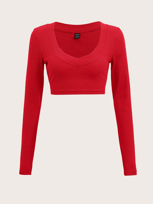 SHEIN EZwear Camiseta corta unicolor de cuello V tejido de canalé