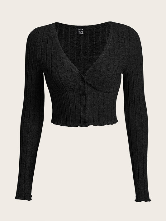 SHEIN EZwear Camiseta crop con botón delantero ribete en forma de lechuga