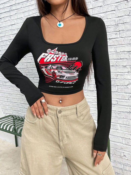 SHEIN EZwear Camiseta crop con estampado de coche y letra