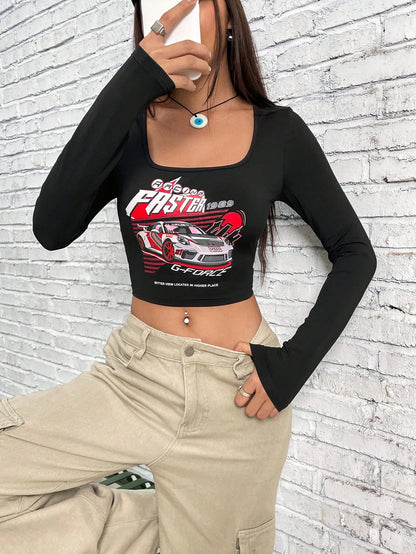 SHEIN EZwear Camiseta crop con estampado de coche y letra