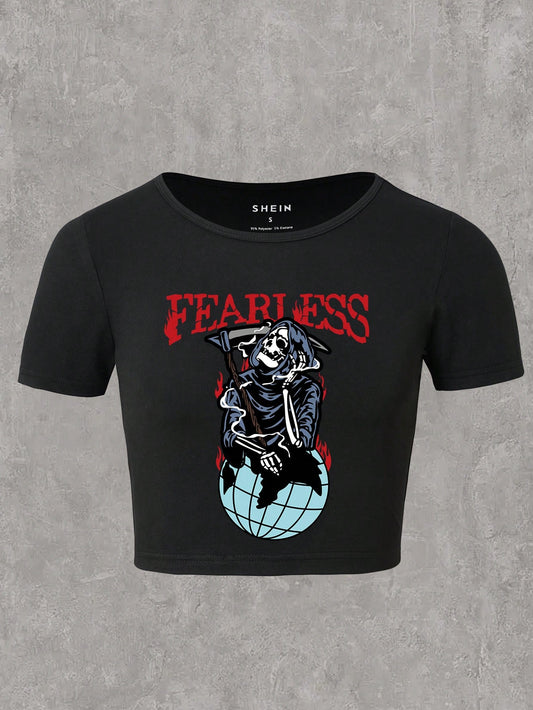 SHEIN EZwear Camiseta crop con estampado de letra y esqueleto