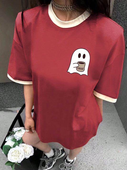 SHEIN EZwear Camiseta de manga corta de verano para mujer, informal, con estampado de fantasma de dibujos animados