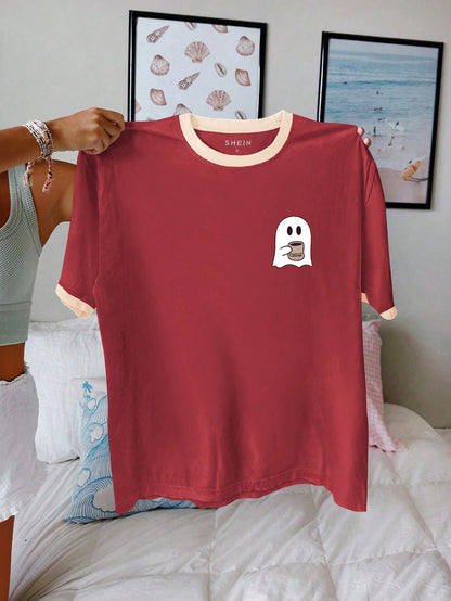 SHEIN EZwear Camiseta de manga corta de verano para mujer, informal, con estampado de fantasma de dibujos animados