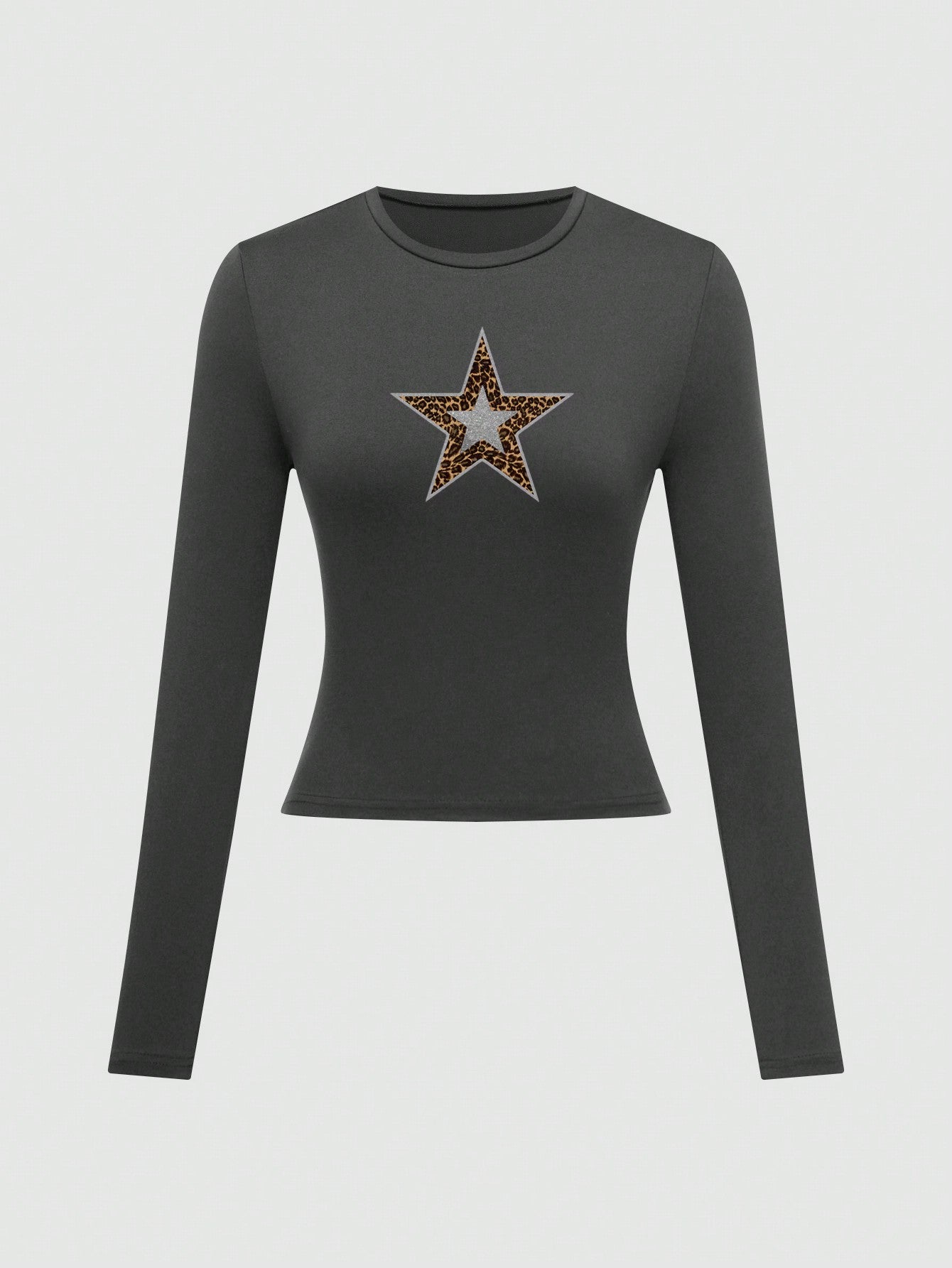 SHEIN EZwear Camiseta de manga larga acortada con estampado de leopardo y estrella en plata estilo Y2K, top lindo para mujer, camisetas gráficas, blusas para mujer para atuendos de primavera
