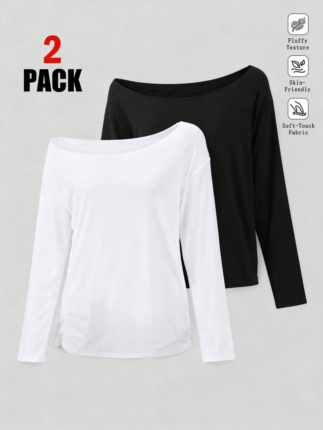 SHEIN EZwear Camiseta de manga larga con hombros oblicuos, suelta y versátil, de estilo informal, adecuada para el otoño