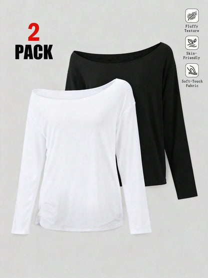 SHEIN EZwear Camiseta de manga larga con hombros oblicuos, suelta y versátil, de estilo informal, adecuada para el otoño