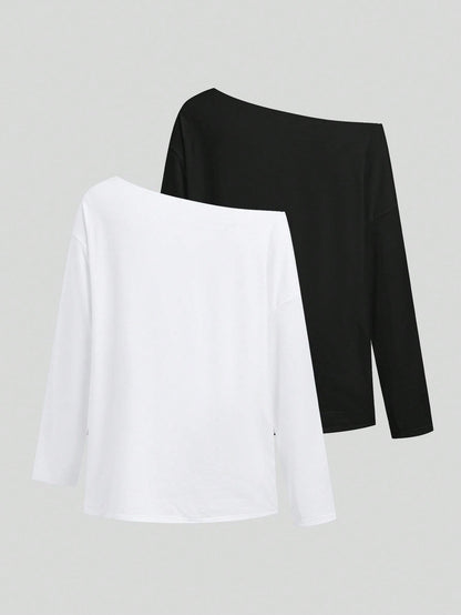 SHEIN EZwear Camiseta de manga larga con hombros oblicuos, suelta y versátil, de estilo informal, adecuada para el otoño