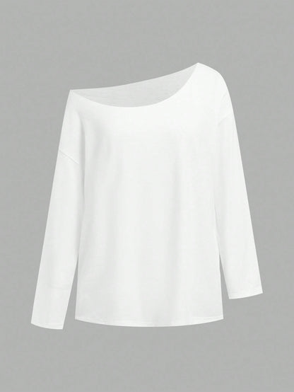 SHEIN EZwear Camiseta de manga larga con hombros oblicuos, suelta y versátil, de estilo informal, adecuada para el otoño