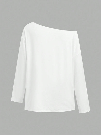 SHEIN EZwear Camiseta de manga larga con hombros oblicuos, suelta y versátil, de estilo informal, adecuada para el otoño