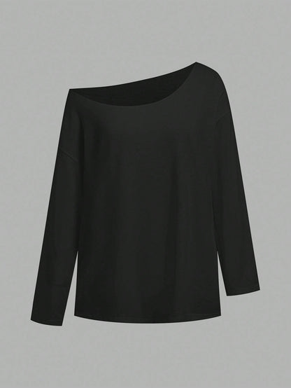 SHEIN EZwear Camiseta de manga larga con hombros oblicuos, suelta y versátil, de estilo informal, adecuada para el otoño