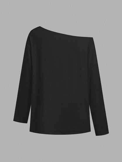 SHEIN EZwear Camiseta de manga larga con hombros oblicuos, suelta y versátil, de estilo informal, adecuada para el otoño