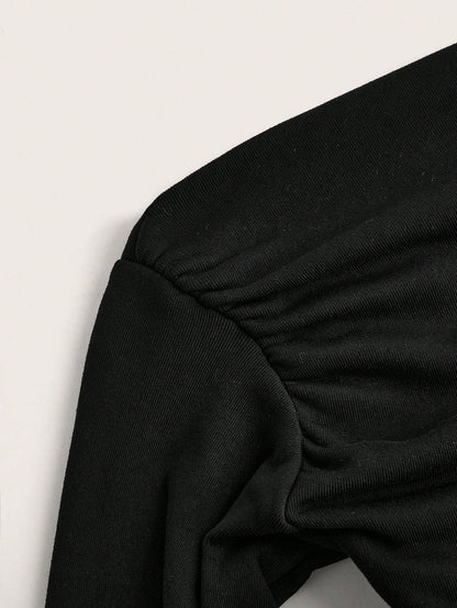 SHEIN EZwear Camiseta de manga larga de ajuste ceñido con hombros caídos, fruncido, bajo asimétrico, forro polar, una camiseta interior versátil