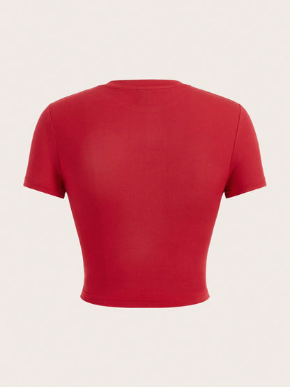 SHEIN EZwear Camiseta de mujer de corte ceñido de manga corta, cuello redondo, con patrón de letras "No More Rules", adecuada para el verano