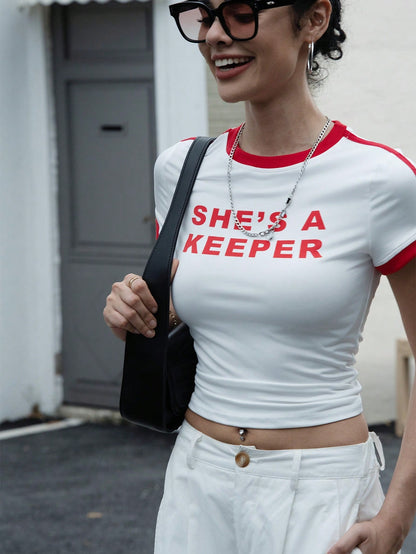 SHEIN EZwear Camiseta de mujer de cuello redondo con estampado a color contrastante de manga corta