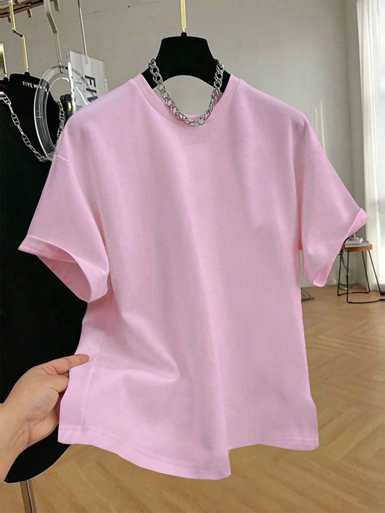 SHEIN EZwear Camiseta de mujer de manga corta con cuello redondo decorada con flores 3D y cristales