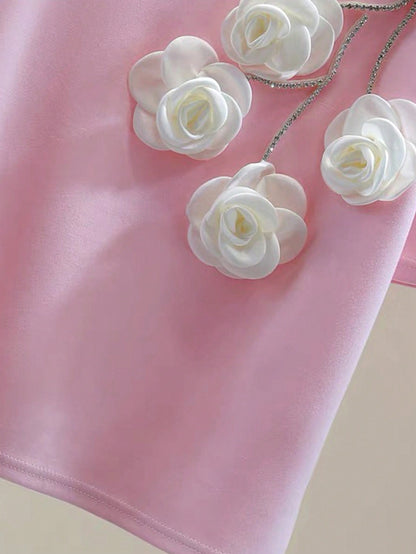 SHEIN EZwear Camiseta de mujer de manga corta con cuello redondo decorada con flores 3D y cristales