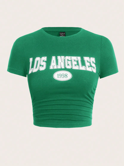 SHEIN EZwear Camiseta de mujer tejida con impresión de letras y estampado de goma