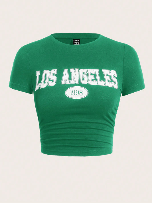 SHEIN EZwear Camiseta de mujer tejida con impresión de letras y estampado de goma
