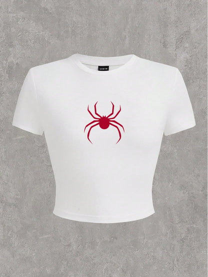 SHEIN EZwear Camiseta de verano ajustada y corta con cuello redondo y manga corta con estampado de araña casual para mujeres