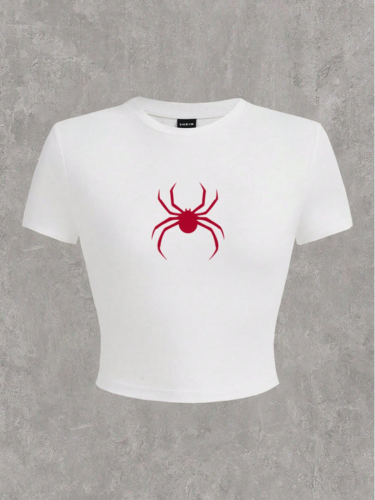 SHEIN EZwear Camiseta de verano ajustada y corta con cuello redondo y manga corta con estampado de araña casual para mujeres