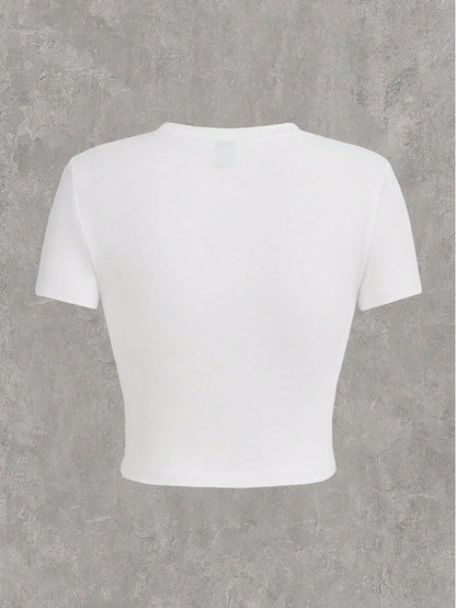 SHEIN EZwear Camiseta de verano ajustada y corta con cuello redondo y manga corta con estampado de araña casual para mujeres