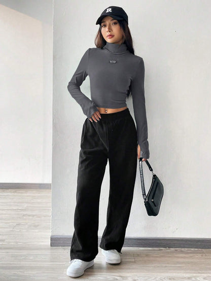 SHEIN EZwear Camiseta entallada de punto gris para mujeres