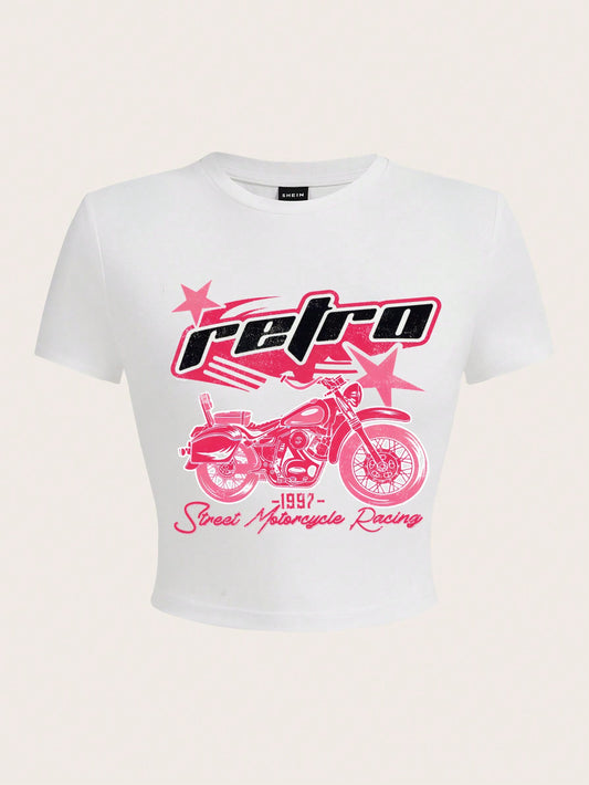SHEIN EZwear Camiseta para mujer con patrón de impresión de estilo motocicleta casual, ajuste delgado, cuello redondo y manga corta, retro -1997- Carreras de motocicletas en la calle