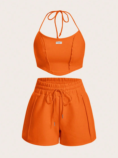 SHEIN EZwear Conjunto De Top Con Tirantes Cruzados Y Pantalones Cortos Con Cintura Alta A La Moda Para Mujer