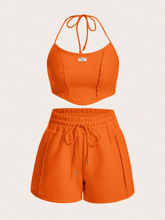 SHEIN EZwear Conjunto De Top Con Tirantes Cruzados Y Pantalones Cortos Con Cintura Alta A La Moda Para Mujer