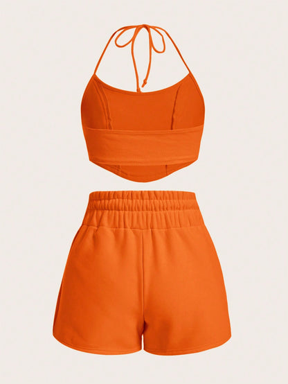 SHEIN EZwear Conjunto De Top Con Tirantes Cruzados Y Pantalones Cortos Con Cintura Alta A La Moda Para Mujer