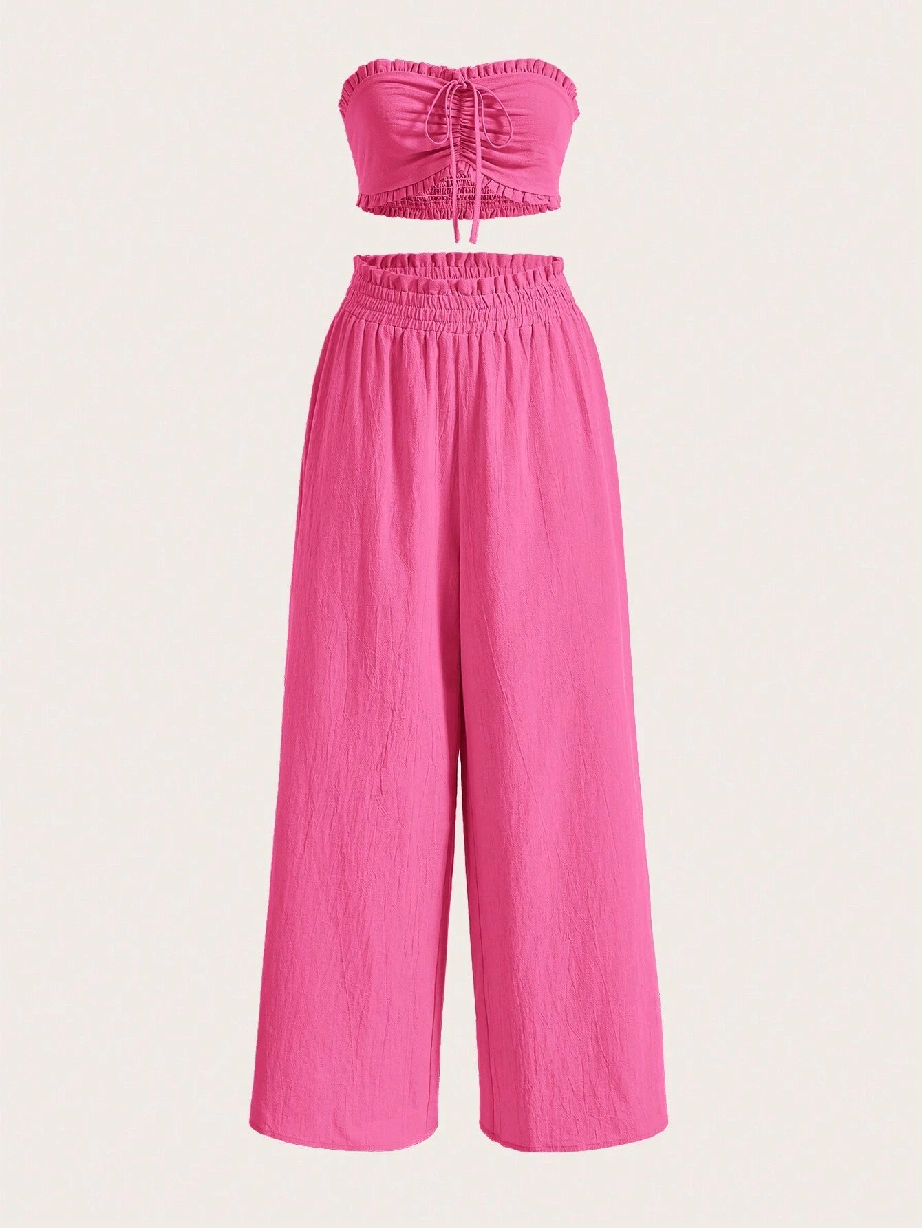 SHEIN EZwear Conjunto De Verano De Tubo Sin Mangas Con Cordones Delanteros Y Pantalones De Pierna Ancha Con Bolsa De Papel En La Cintura