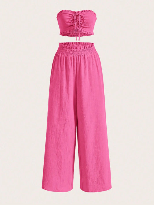 SHEIN EZwear Conjunto De Verano De Tubo Sin Mangas Con Cordones Delanteros Y Pantalones De Pierna Ancha Con Bolsa De Papel En La Cintura