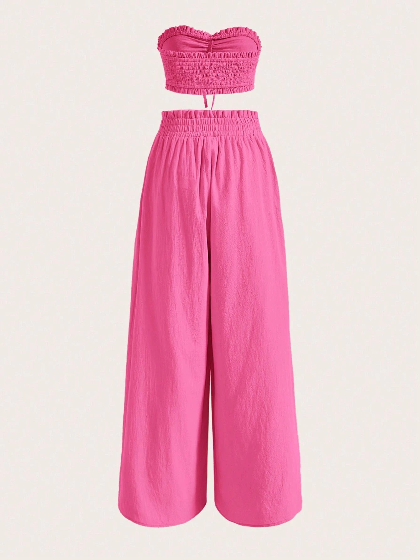 SHEIN EZwear Conjunto De Verano De Tubo Sin Mangas Con Cordones Delanteros Y Pantalones De Pierna Ancha Con Bolsa De Papel En La Cintura