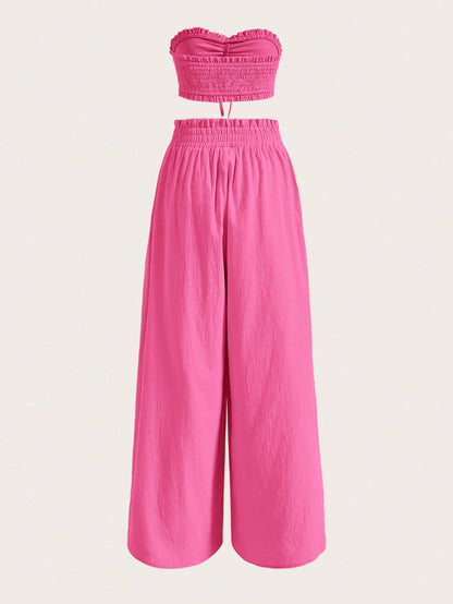 SHEIN EZwear Conjunto De Verano De Tubo Sin Mangas Con Cordones Delanteros Y Pantalones De Pierna Ancha Con Bolsa De Papel En La Cintura