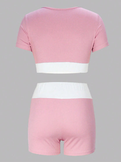 SHEIN EZwear Conjunto corto de top y shorts dulce, deportivo, sexy y de moda para mujer