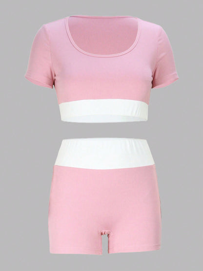 SHEIN EZwear Conjunto corto de top y shorts dulce, deportivo, sexy y de moda para mujer