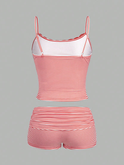 SHEIN EZwear Conjunto de 2 piezas con top de tirantes y shorts con detalle de encaje para mujer