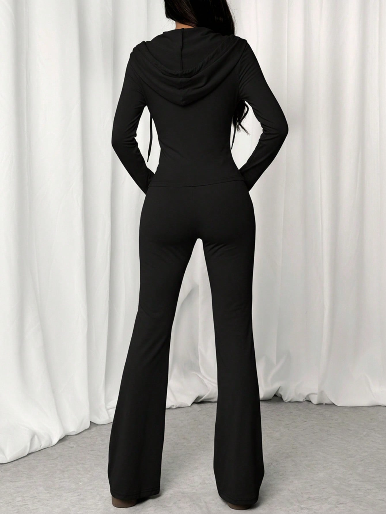 SHEIN EZwear Conjunto de 2 piezas para mujer - Sudadera con capucha y cremallera de unicolor de manga larga y pantalón casual, otoño