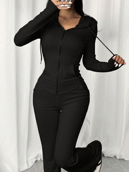 SHEIN EZwear Conjunto de 2 piezas para mujer - Sudadera con capucha y cremallera de unicolor de manga larga y pantalón casual, otoño