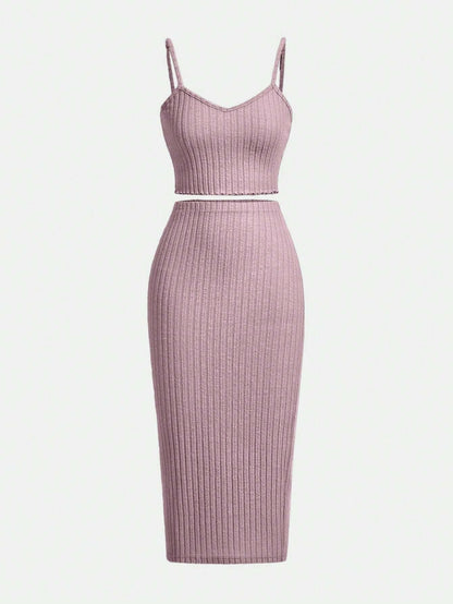 SHEIN EZwear Conjunto de chaleco de camisola ajustada y falda de media Body de punto acanalado para mujer en tono lavanda