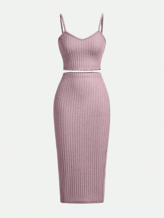 SHEIN EZwear Conjunto de chaleco de camisola ajustada y falda de media Body de punto acanalado para mujer en tono lavanda
