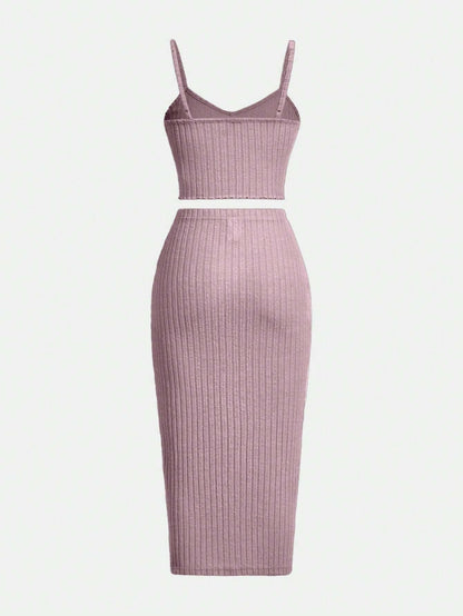 SHEIN EZwear Conjunto de chaleco de camisola ajustada y falda de media Body de punto acanalado para mujer en tono lavanda