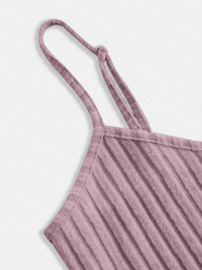 SHEIN EZwear Conjunto de chaleco de camisola ajustada y falda de media Body de punto acanalado para mujer en tono lavanda