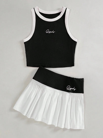 SHEIN EZwear Conjunto de chaleco tejido con ribete de contraste bordado con letras y mini falda plisada para mujeres