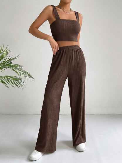 SHEIN EZwear Conjunto de dos piezas con top corto estilo camisola y pantalones de pierna ancha